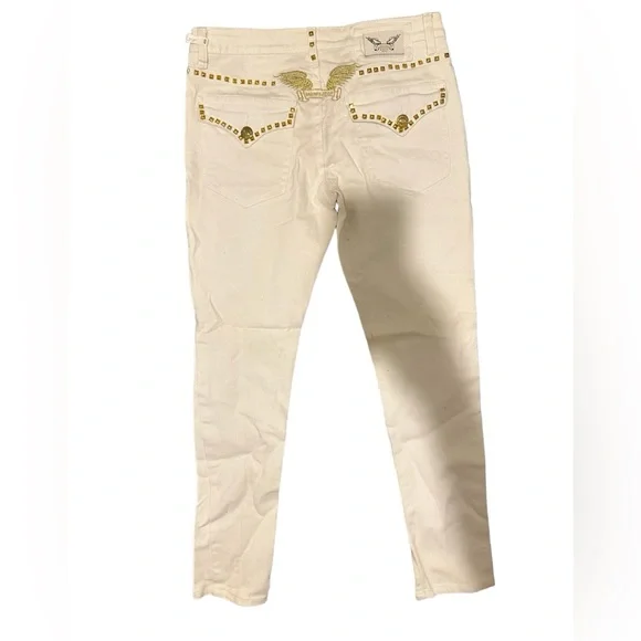 Robin’s Jeans Men’s Sz 29 Studded Gold white Designer Fashion Flap Button Wing